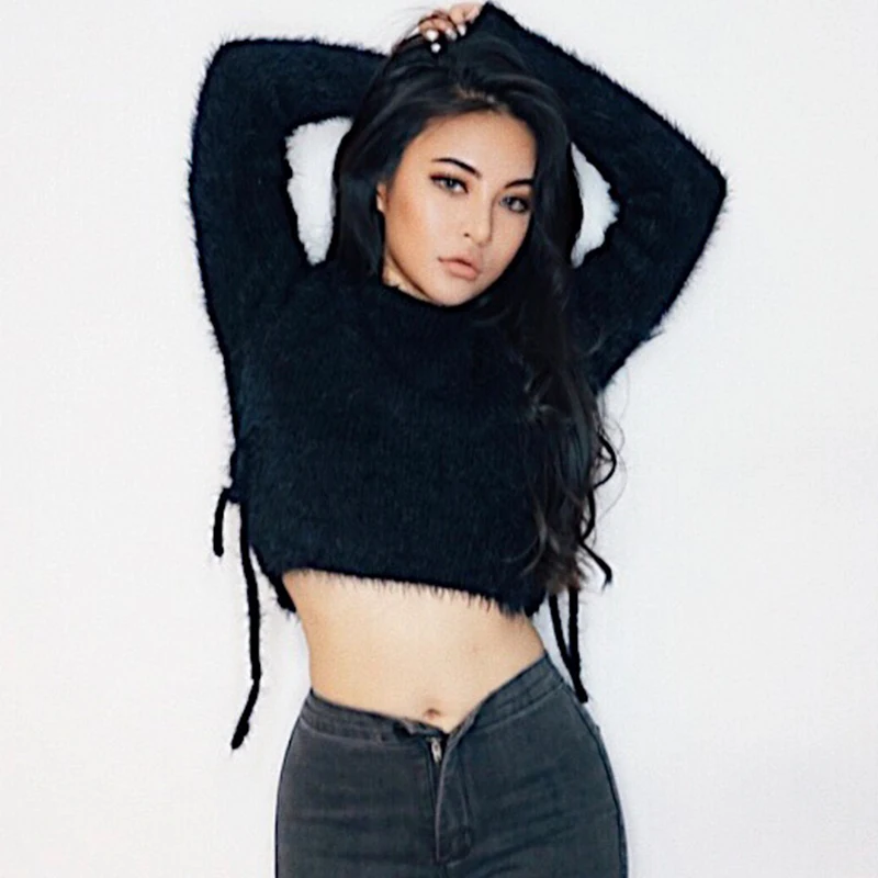 

2019 New Mohair Wool Pullover Women's Side Slit Round Neck Short Section Slim Slimming Long-sleeved Sweater Bottoming Shirt