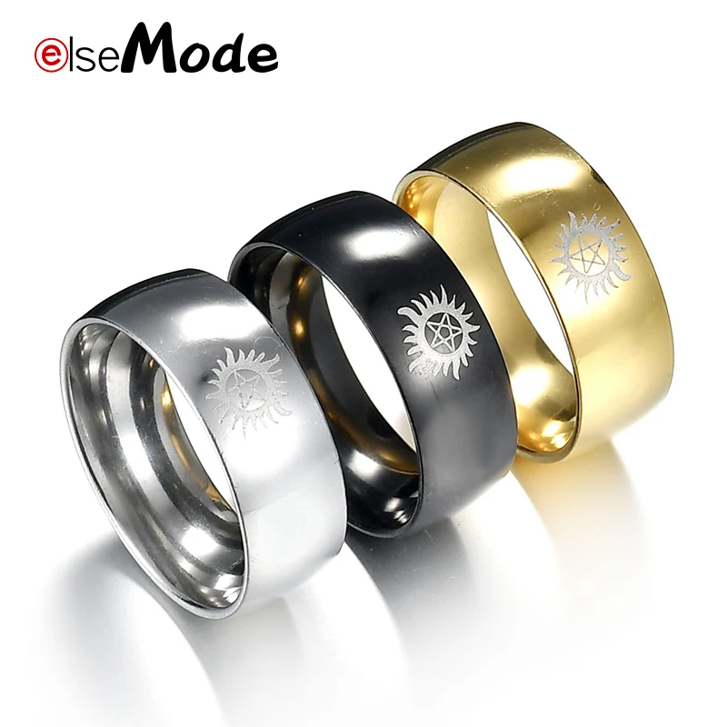 ELSEMODE Sun Force Evil Supernatural Movie 8mm Ring For Men Boy Jewelry 316L Stainless Steel Fans Party Gift