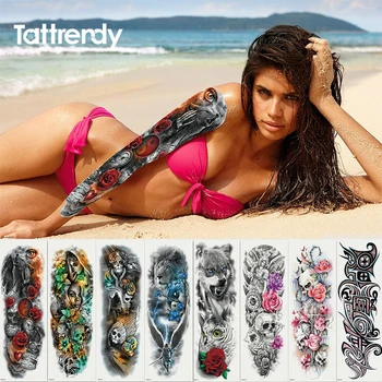 

2018New full arm tattoo sticker large Wolf owl rose flowers Gossip design waterproof fake tattoos sleeve black girls Beach party