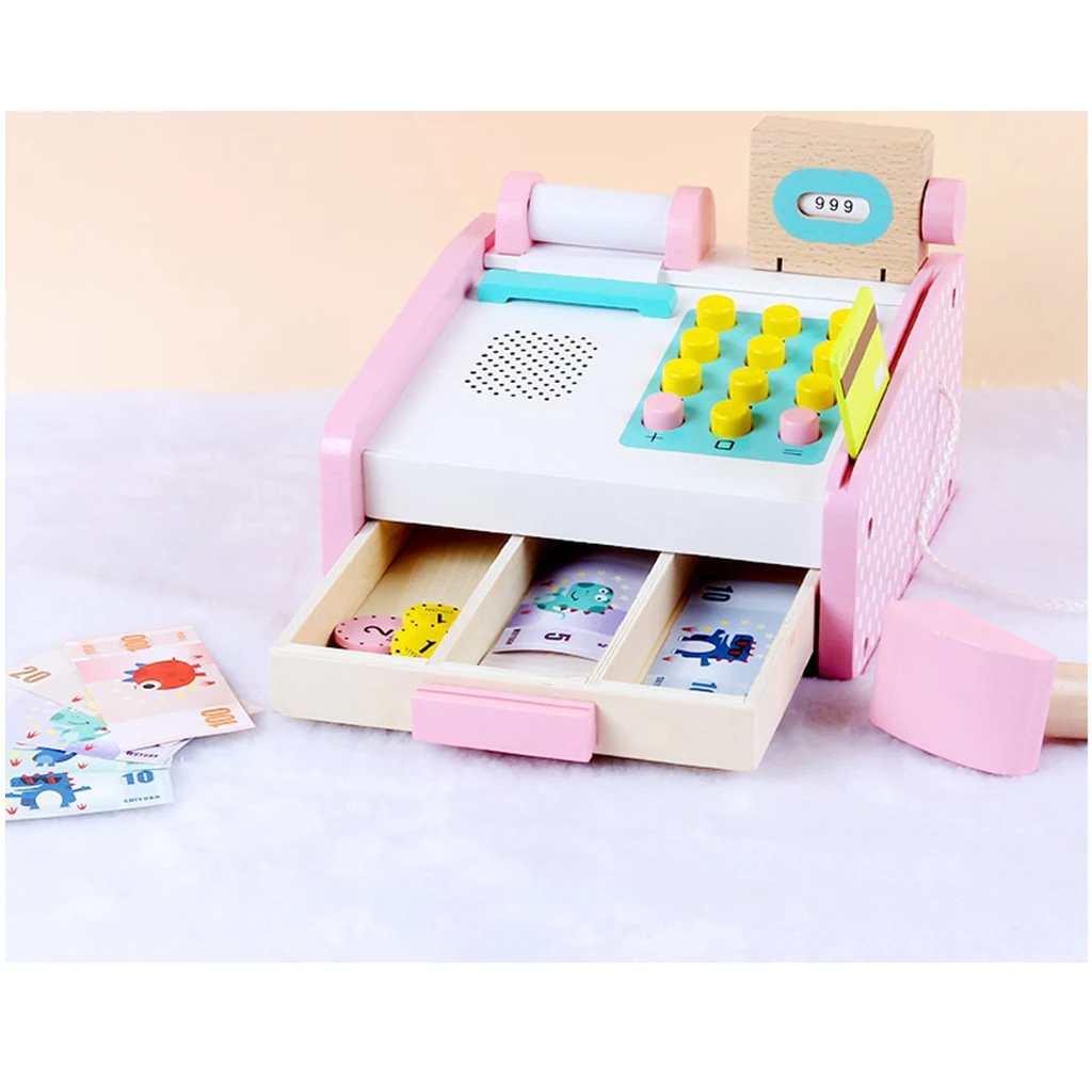 Pink Wooden Cash Register Supermarket Pretend Play Game Kids Educational Toy