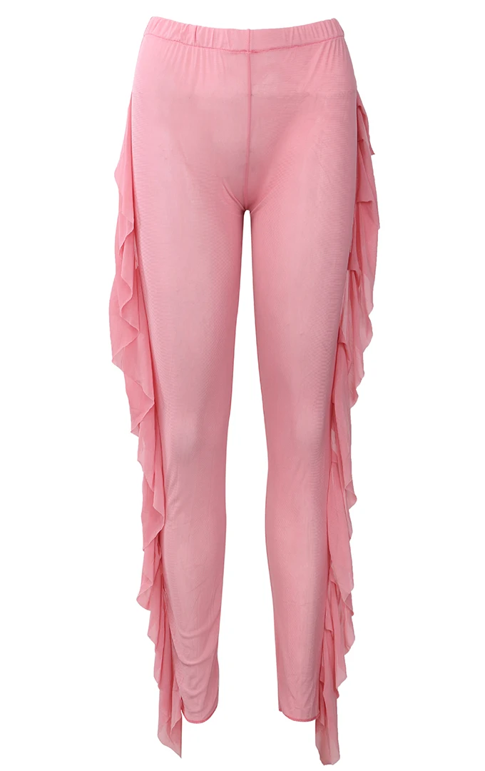 Сетчатый купальник с оборками, Пляжная накидка, высокая талия, чистый цвет, пляжные длинные штаны, женский купальник, летний купальный костюм,, пляжная одежда - Цвет: Розовый