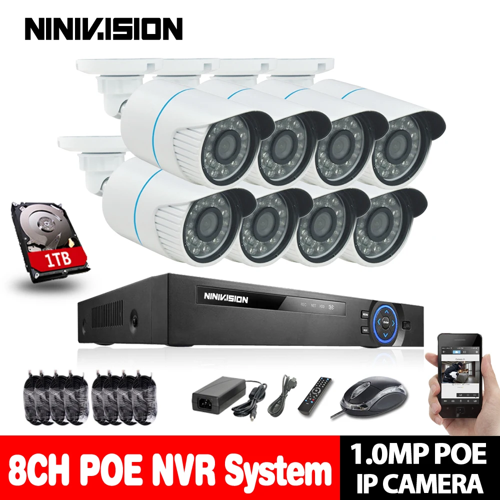 

1080P 8CH PoE NVR Recorder System Kit Bullet Camera Video System 8 Channel POE NVR CCTV System 1MP IP Camera Security System kit