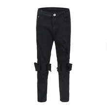 Новые хип-хоп KANYE WEST нищие с вырезами тонкие эластичные облегающие джинсы с большими отверстиями в коленях отверстие для мужчин и женщин Япония джоггеры брюки