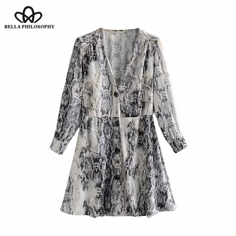 

Bella Philosophy Vintage Flowy Snake Skin Print Pleated Mini Dress V Neck Buttons Elastic Waist Dresses Casual Vestidos Mujer