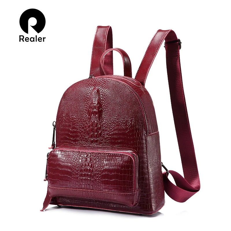 

REALER women backpack cow split leather Alligator multifunctional backpack for girls ladies bags high quality women fashion