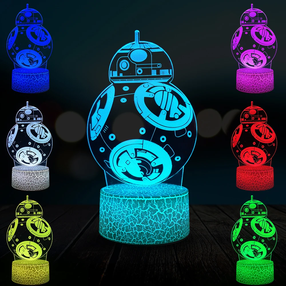 

Cartoon Star Wars BB-8 Robot 3D Lamp LED USB Mood Illusion Table Night Light Multicolor Touch Remote Luminaria Switch Crack Base
