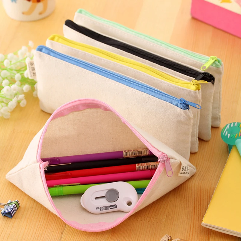 

2019 Blank Canvas Zipper Pencil Cases Pen Pouches Cotton Cosmetic Bags Organizer Women Makeup Bags Mobile Phone Clutch Bag