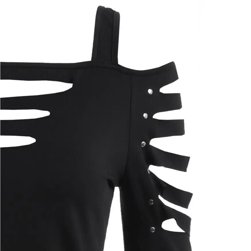 ReooLy Womens Fashion Shoulder Cut Lacerated Sleeve T-Shirt Hollow Out Casual Tops