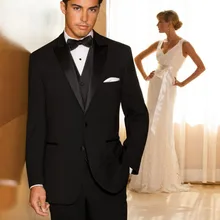 Новое поступление смокинг жениха Черный Groomsmen Пик атласная нагрудные Свадебные/ужин Костюмы Best человек Жених(куртка+ Брюки для девочек+ галстук+ жилет) b226