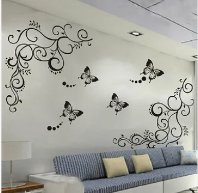 Classical Black Flower Vine Butterfly Wall Stickers Home Decor Living Room Furniture Fridge Bedroom Wall Decals Diy Mural Art