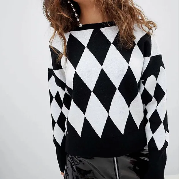 

Women Popular new A0827T14 Europe and America 2018 fall new diamond shaped sweater YD8588