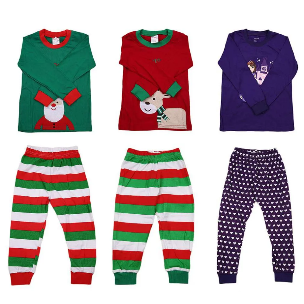 Новая модная хлопчатобумажная одежда с длинными рукавами для сна с оленем для мальчиков и девочек на Рождество 3 цвета комплект из штанов и рубашки от 1 до 7 лет