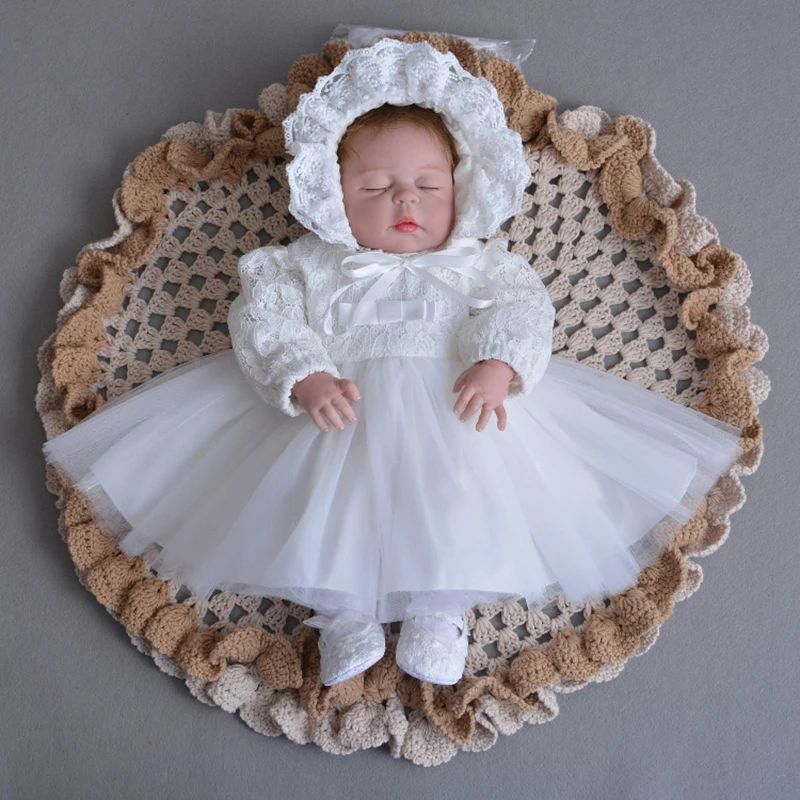 

Christening Dress with Bonnet Hat Tulle Dress Long Sleeve Baby Outfits Newborn Baptism Gown A015 0-2Y Baby Lace Frock White