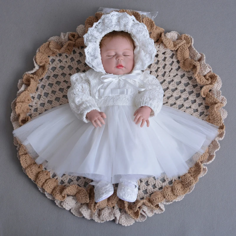Christening Dress with Hat Tulle Dress Long Sleeve Baby Outfits