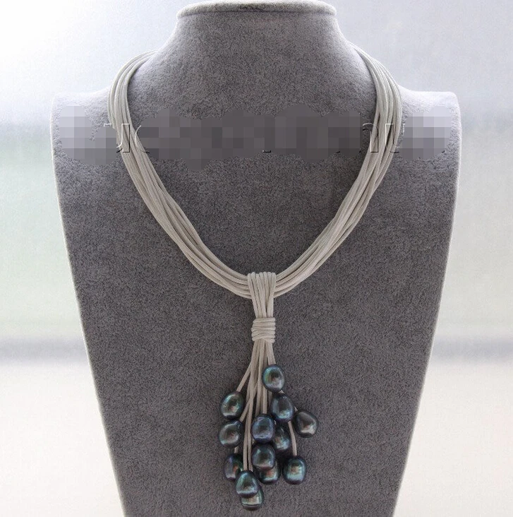 

Choker 16" 15row 14mm peacock black pearls white leather Pendant necklace j9545