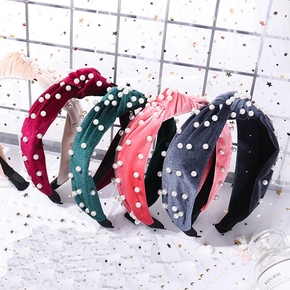 

HOOH French Fashion Solid Color Soft Velvet Center Knot Wide Hairband with Pearl Knotted Hairband customized Hair Accessories