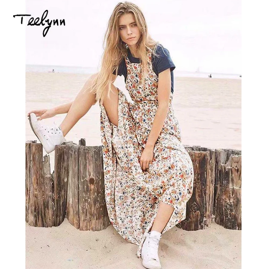 Длинное платье без рукавов TEELYNN в стиле бохо Пляжное с цветочным принтом на