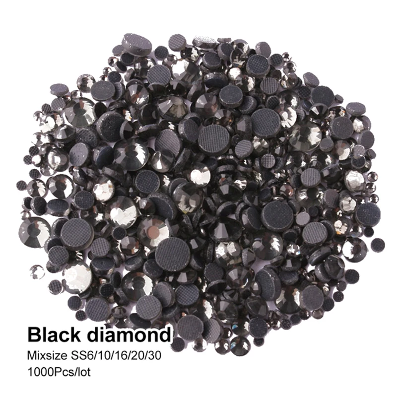 

Hotfix Rhinestone Black diamond Mix size SS6-SS30 Crystal flatback stones 1000Pcs/lot for Adornment DIY free shipping