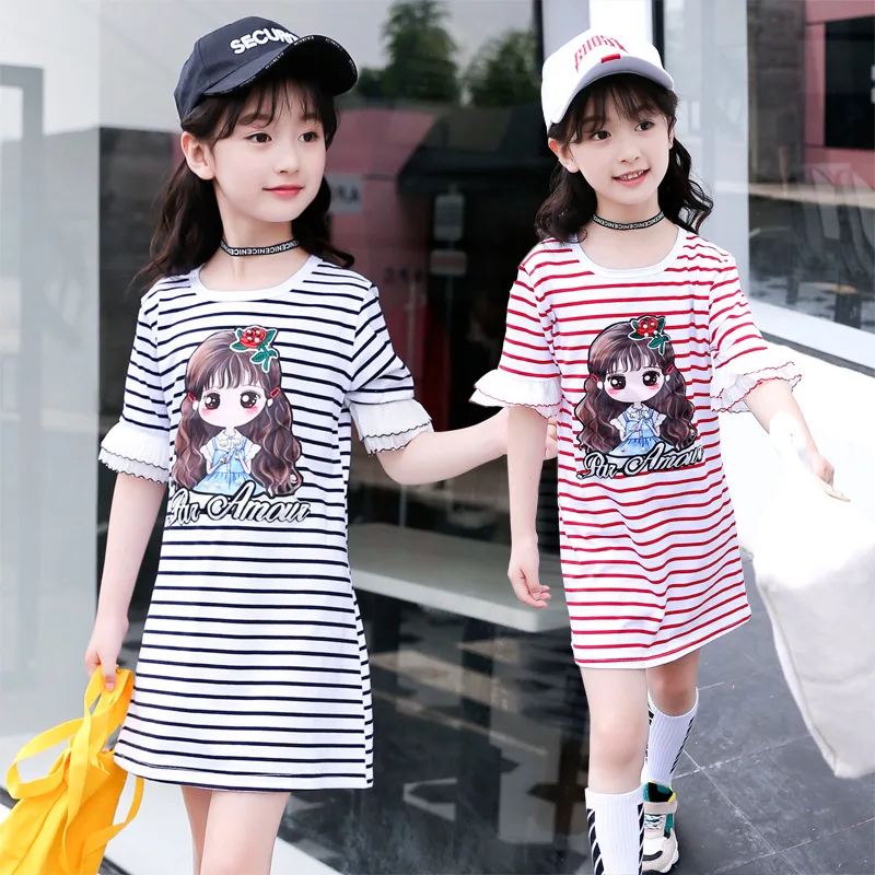 

Girls dress cotton short-sleeved round neck letter bottoming shirt summer cartoon striped fashion children's clothing