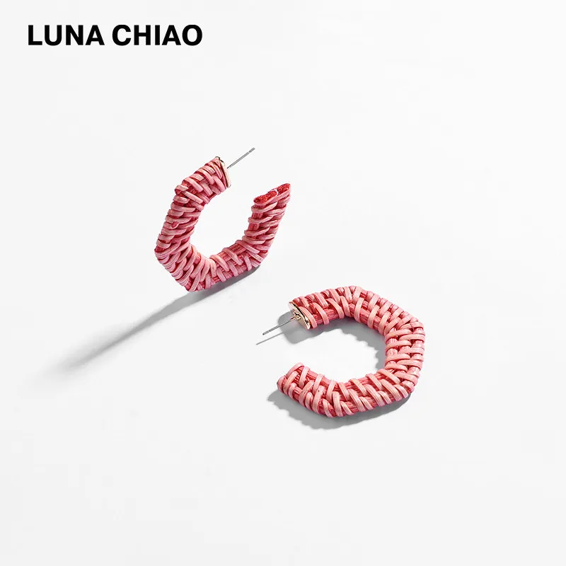 Женские плетеные серьги кольца LUNA CHIAO цветные геометрические из ротанга