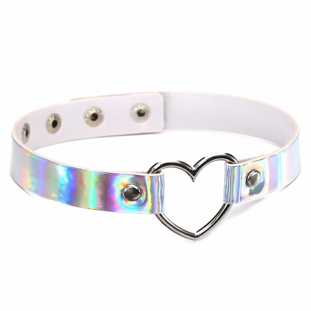 

Trendy Sexy Punk Gothic choker necklace heart holographic Collar for women fashion adjustable Leather Belt festivals Jewelry