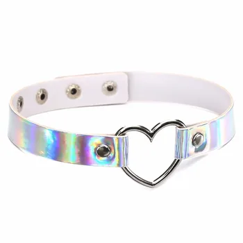 Trendy Sexy Punk Gothic choker necklace heart holographic Collar for women fashion adjustable Leather  Belt festivals Jewelry