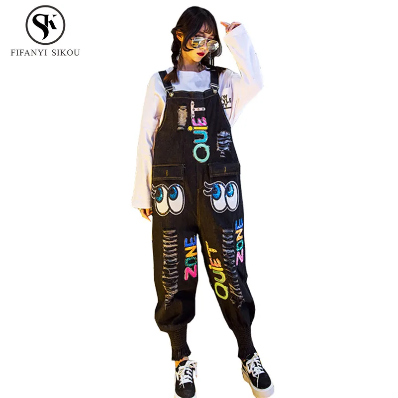 

Jumpsuits for women 2018 Autumn Street style Sequin Denim jumpsuit Radish pants women Loose Plus size Hip hop Overalls LP192