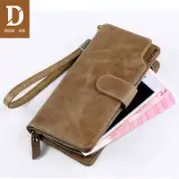 DIDE Genuine Leather Men Wallets Double Zipper Money Clip Male Walet Vintage Male Purses Long Phone Wallet Man's Clutch Bags 617