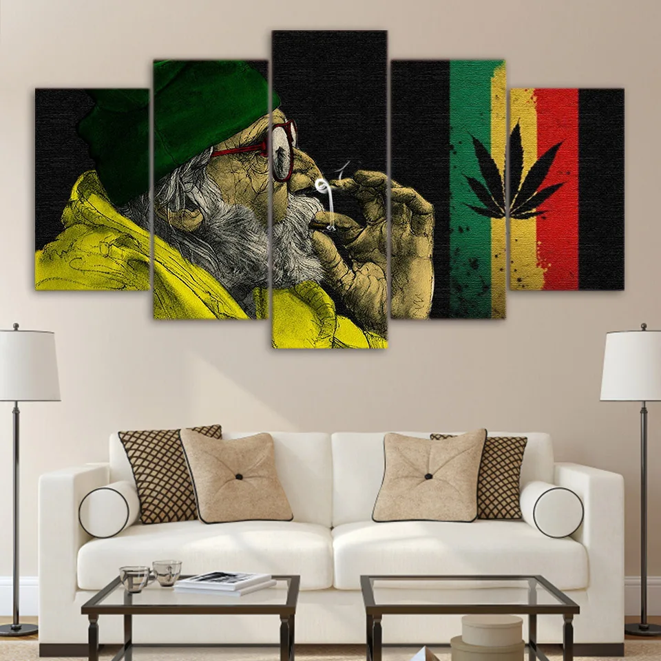 ArtSailing 5 piece canvas art HD print weed picture with the old man smoking painting for living room weeds poster home decor