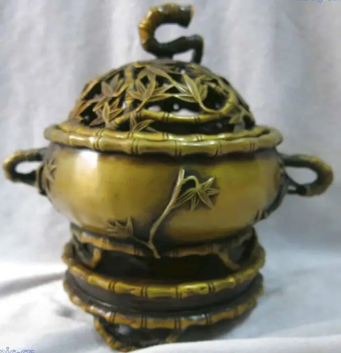 8" China pure brass fine workmanship carved bamboo censer incense burner Statuestatuestatue