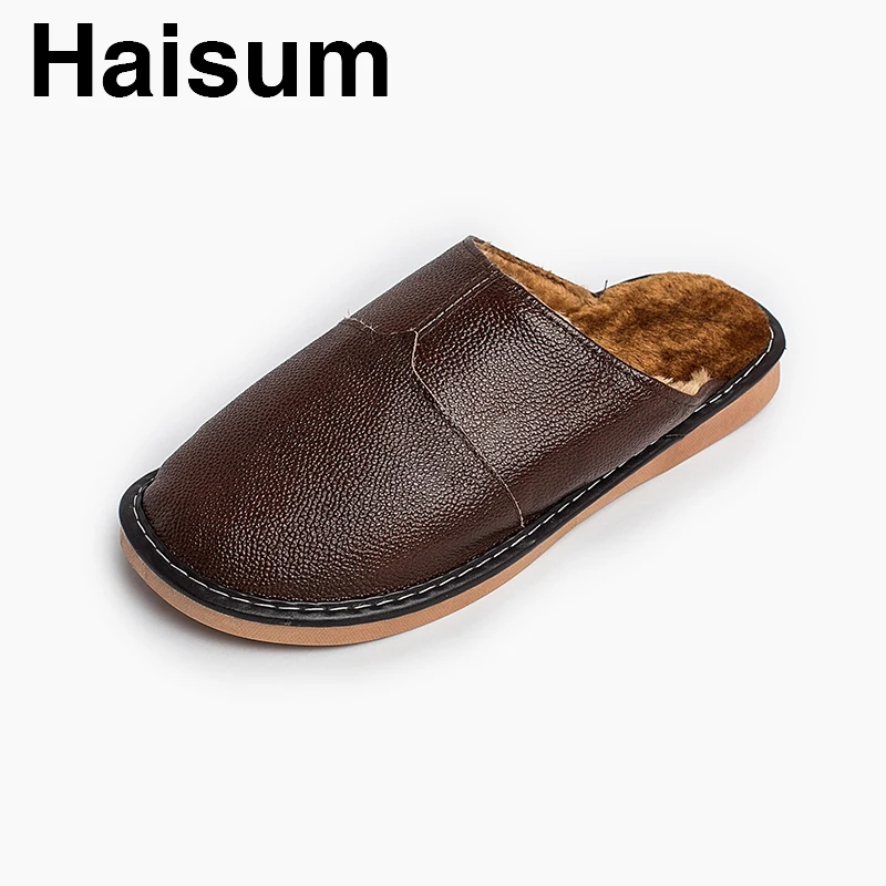 

Men 's Slippers Winter genuine Leather Home Indoor Non - Slip Thermal Slippers 2018 New Hot Haisum H-8825