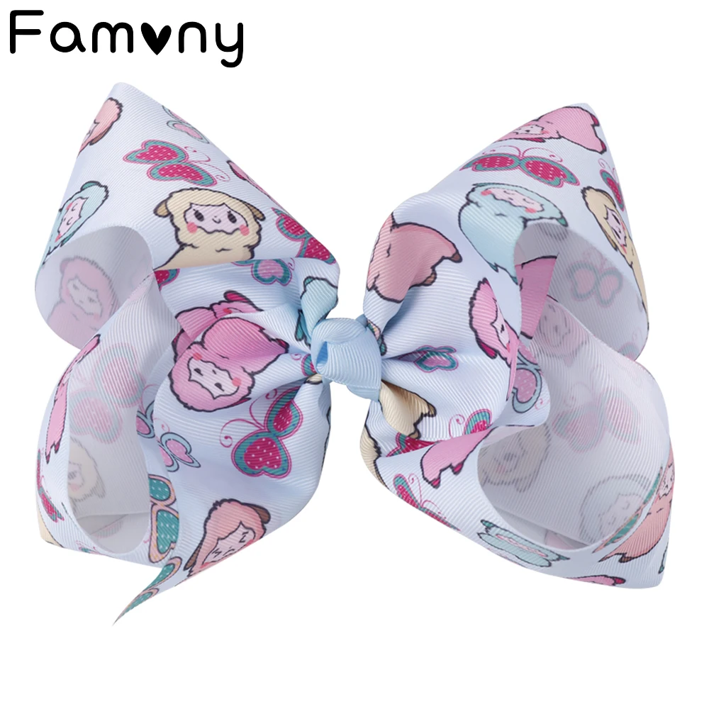 

7'' Big Cartoon Hair Bows Cute Sheep Rainbow Printed Hair Clips For Girls Alpaca Print Hairpins Baby Girls Hair Accessories