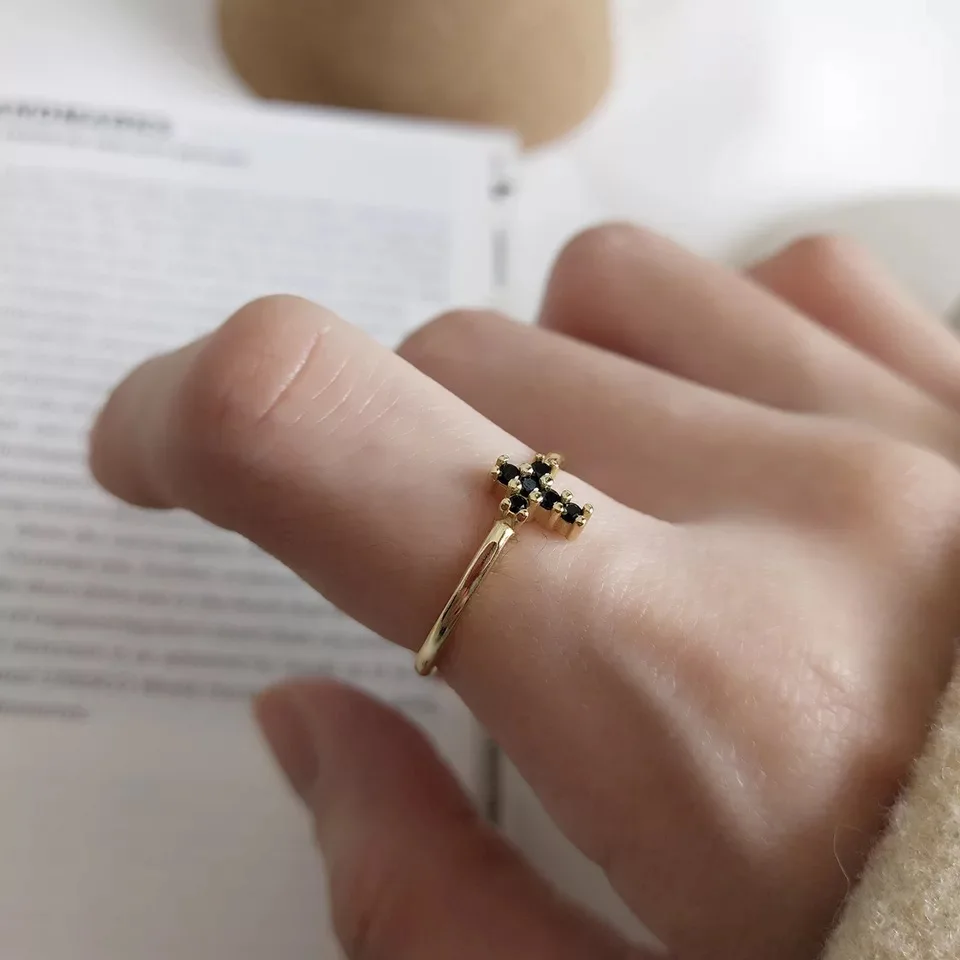 

925 sterling silver ring black zircon cross ring fashion simple wild trend personality temperament female girl silver hand jewel