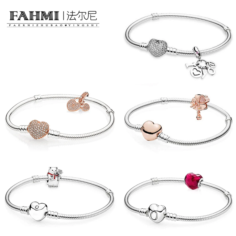 

FAHMI 100% 925 Sterling Silver SHAPE OF LOVE ROSE WILDFLOWER MEADOW BEAR LOVE LOCKS I LOVE YOU HANGING CHARM Heart Bracelet Set