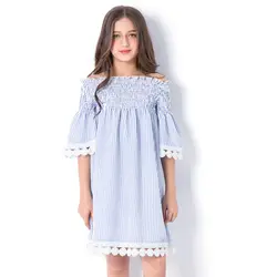 Для девочек в полоску платье принцессы Лето 2018 с открытыми плечами Детские платья Девушка Свободные полосы Vestidos для подростков Размеры 678 9