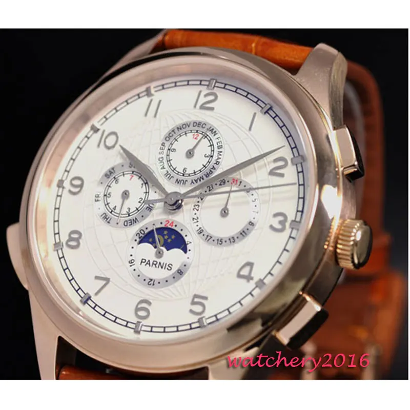 

44mm PARNIS White Dial Rose Golden Case Moon Phase Date Indicator 2019 Top Luxury Brand Automatic Movement men's Wristwatch