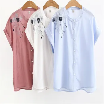 

4XL women blusas 2019 Plus-size women's new top small crisp stand-up collar gold thread embroidered short-sleeved shirt blusa