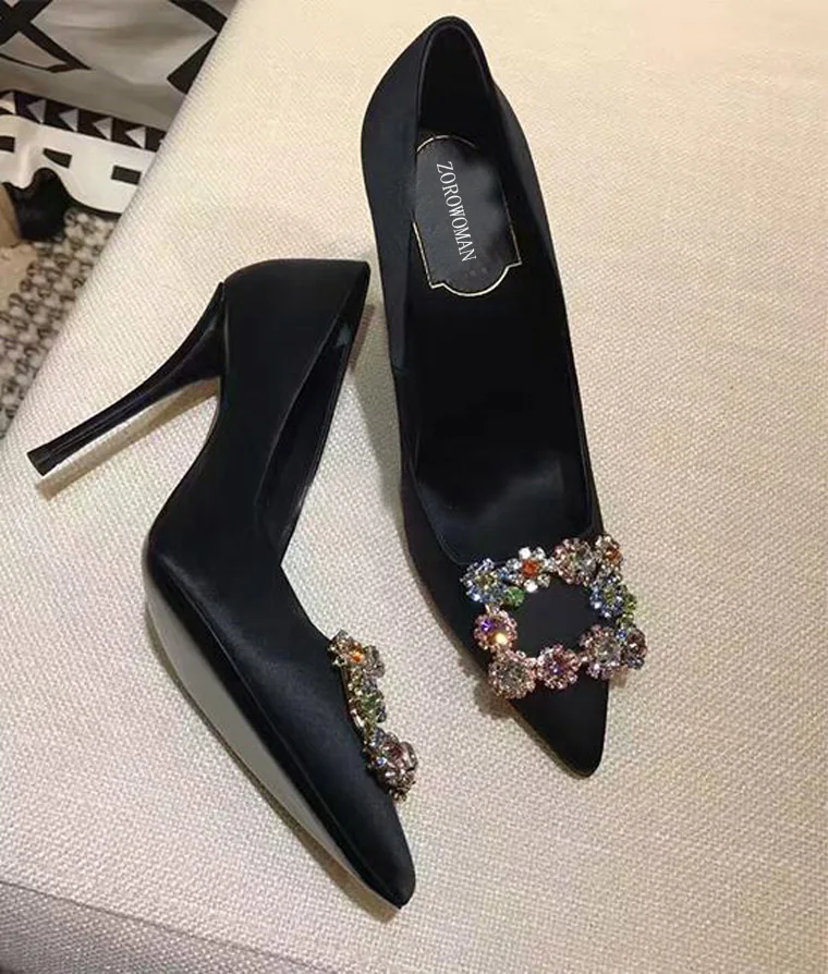 Mujeres Zapatos элегантные шелковые Для женщин женские туфли-лодочки высокий каблук s стразы цветок свадебные туфли носок высокий каблук обувь на шпильке; высокий каблук - Цвет: Черный