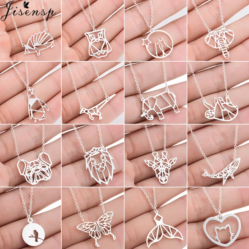 Jisensp Origami Animal Pendant Necklace for Women Stainless Steel Jewelry Cute Butterfly Whale Elephant Necklace Choker joias