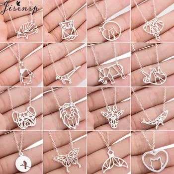 Jisensp Origami Animal Pendant Necklace for Women Stainless Steel Jewelry Cute Butterfly Whale Elephant Necklace Choker joias