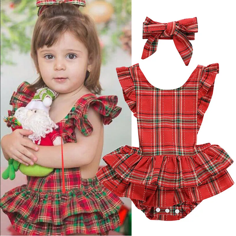

2PCS Lolita Style Casual Dress for Baby Girls with Headband Newborn Kids Romper Red Plaid Toddler Summer Clothing Party Frocks