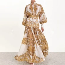 SRDP Золотое длинное платье с цветочным рисунком, женское платье, сексуальное винтажное летнее платье с рукавом-фонариком, праздничное элегантное шифоновое макси платье в стиле ретро, vestidos