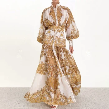 

Floral Long Dress Women Robe Sexy Vintage Lantern Sleeve Summer Dress Festa Elegant Chiffon Maxi Retro Dress Vestidos Gold Print