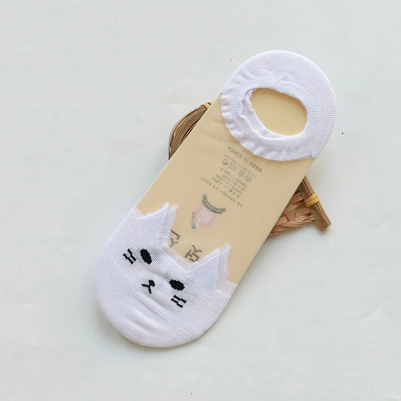 3 пары женских носков прозрачные однотонные носки с милым рисунком кота летние женские носки-башмачки с забавными животными Meias - Цвет: A white