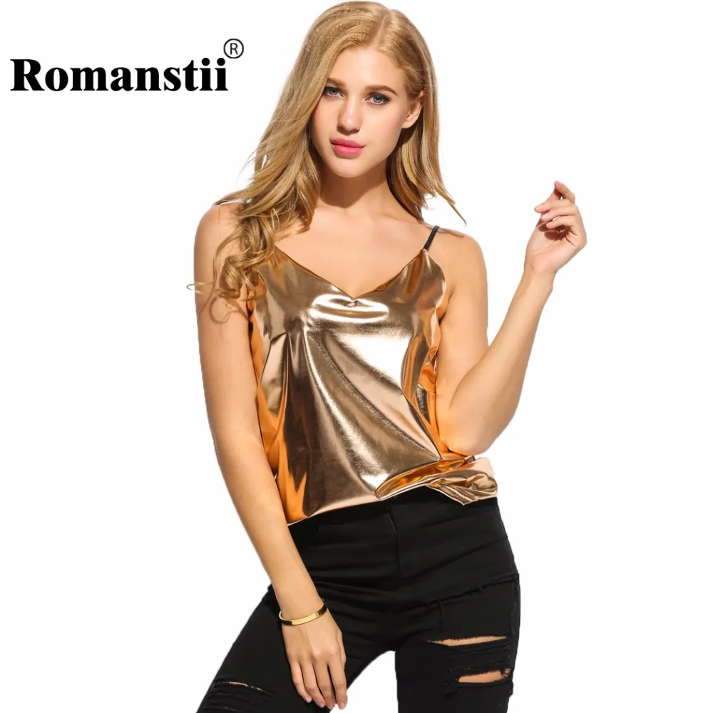 Romanstii Metallic Top Summer Women Sexy V Neck Sleeveless Spaghetti 