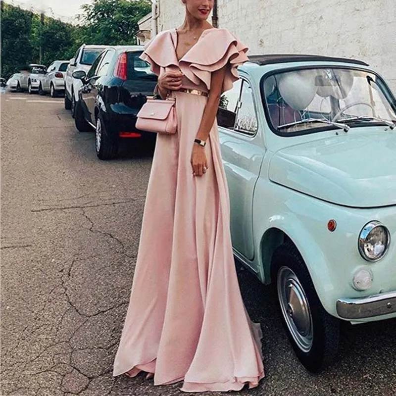 

2019 Women Summer Elegant Ruffles Sleeve Long Dress Bohemian Beach Solid Pink Blue Maxi Dress Plus Size Party Night
