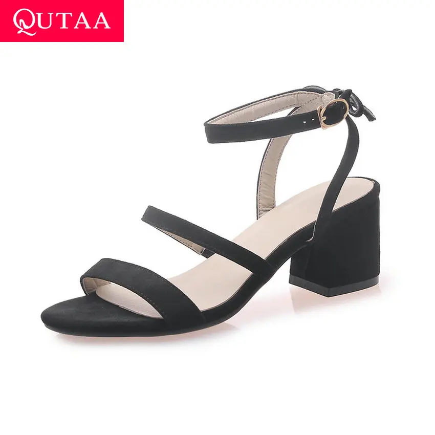 

QUTAA 2019 Women Sandals Scrub Retro Square Middle Heel Open-toed Butterfly-Knot Slingback Summer Concise Ladies Shoes Size34-43