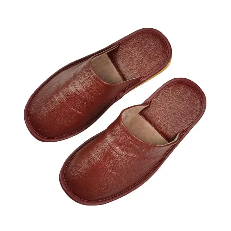 Genuine Cow Leather slippers couple indoor non-slip men and women home fashion casual single shoes PVC soft soles spring autumn - Color: 528 Burgundy