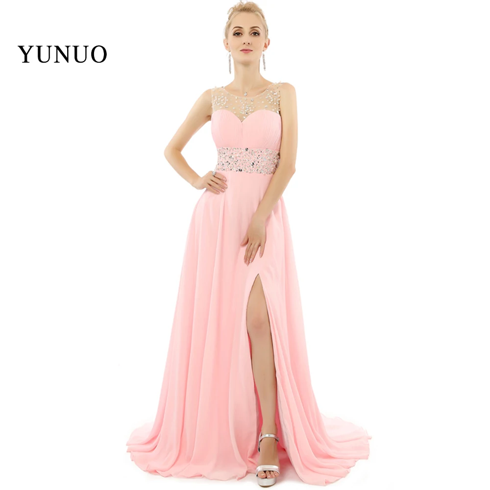 

2019 Pink A Line Open Slit Prom Dresses Long Floor Length O-Neck Beading Prom Dresses Party Gown Vestidos De Festa x08211
