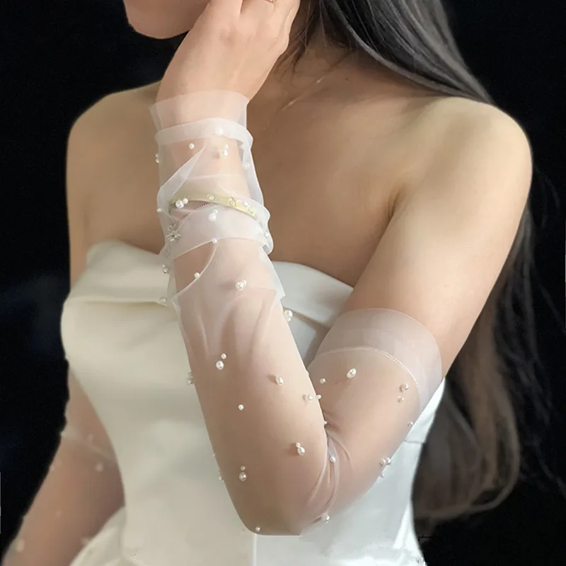 JaneVini 50CM Bridal Sheer Tulle Gloves DIY Long Wedding Gloves for Bride Ivory Pearls Decoration Fingerless Bridal Party Gloves